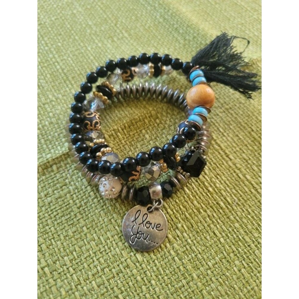 Boho beaded bracelet set with "I love you" charm